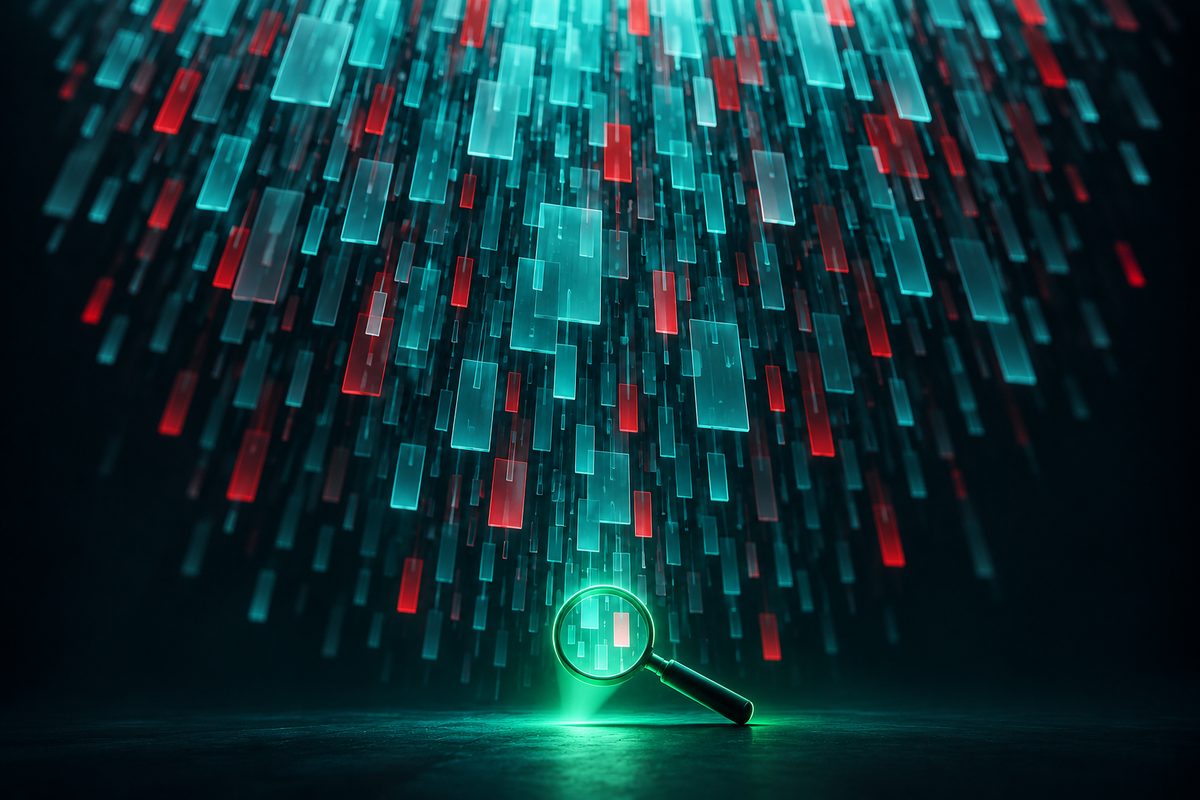 A flood of teal and red code blocks pouring down toward a single small green magnifying glass
