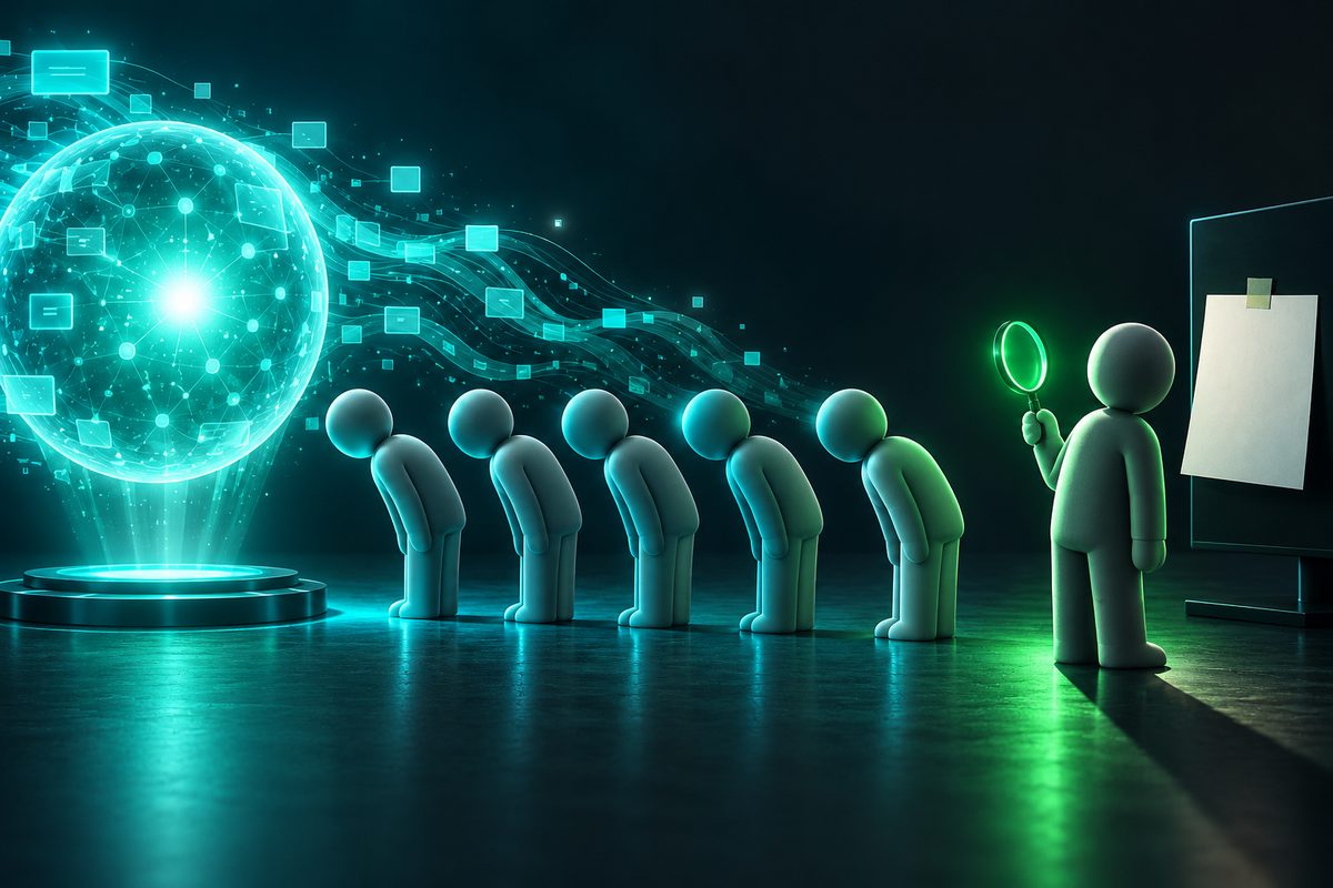 A balance scale tipping toward a tester figure with a glowing green AI skill node, with a forecast line fading into clouds