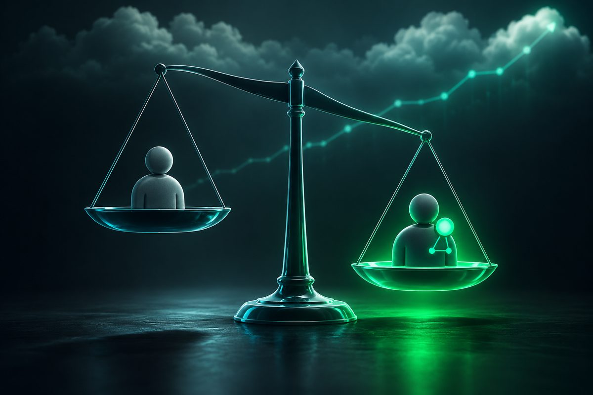 A row of grey figures bowing toward a glowing AI orb while one green-lit figure stands upright holding a magnifying glass
